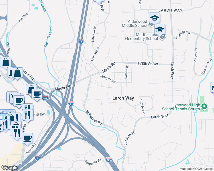 map of restaurants, bars, coffee shops, grocery stores, and more near 1631 180th Place Southwest in Lynnwood