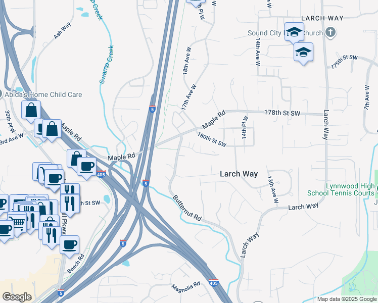 map of restaurants, bars, coffee shops, grocery stores, and more near 1727 180th Place Southwest in Lynnwood