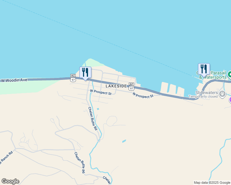 map of restaurants, bars, coffee shops, grocery stores, and more near West Prospect Street in Chelan