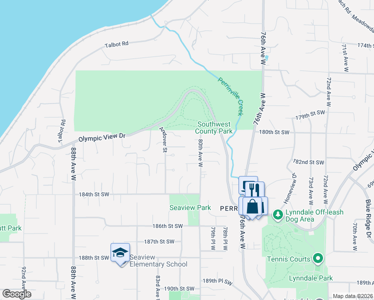 map of restaurants, bars, coffee shops, grocery stores, and more near 8021 181st Place Southwest in Edmonds