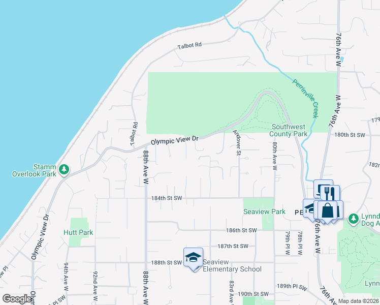 map of restaurants, bars, coffee shops, grocery stores, and more near 18107 85th Place West in Edmonds
