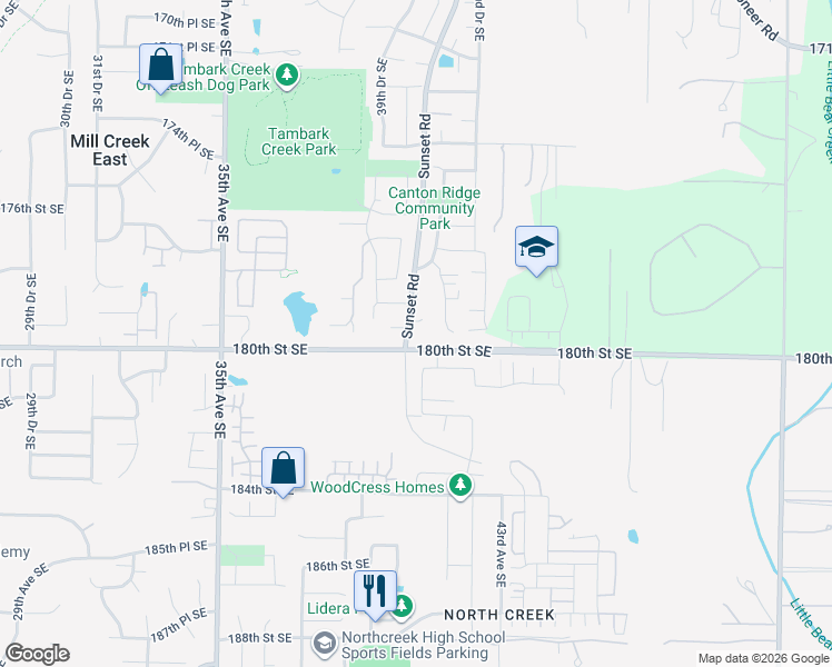map of restaurants, bars, coffee shops, grocery stores, and more near 17923 Sunset Road in Bothell