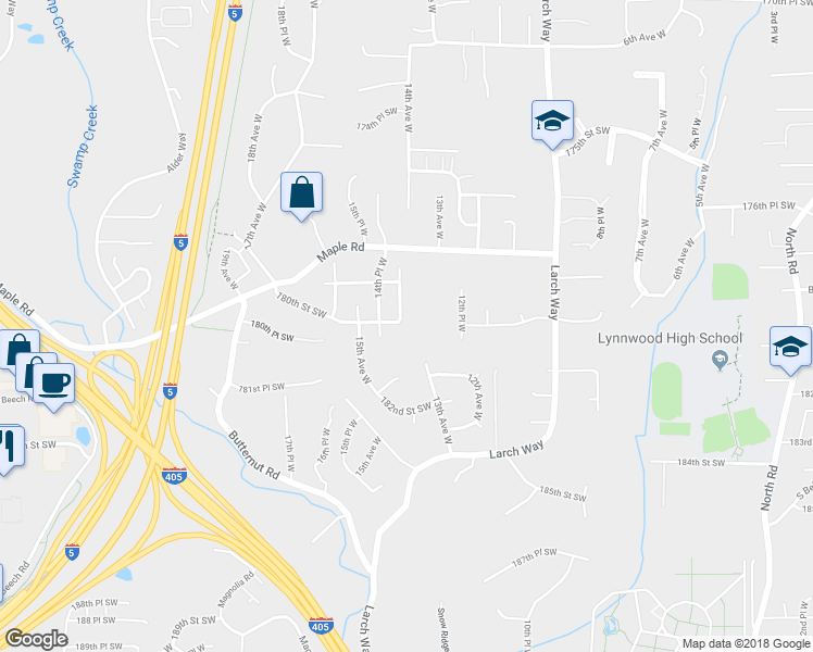 map of restaurants, bars, coffee shops, grocery stores, and more near 1402 180th Street Southwest in Lynnwood