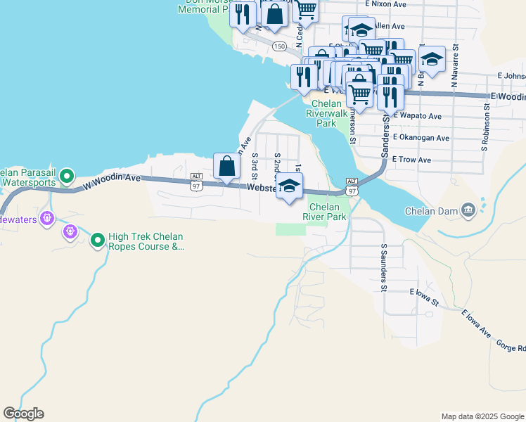 map of restaurants, bars, coffee shops, grocery stores, and more near 109B Vineyard Lane in Chelan