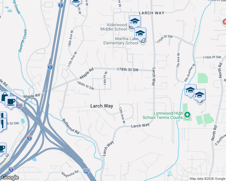map of restaurants, bars, coffee shops, grocery stores, and more near 1402 180th Street Southwest in Lynnwood
