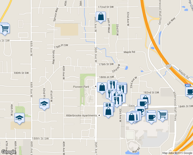 map of restaurants, bars, coffee shops, grocery stores, and more near 18101 36th Avenue West in Lynnwood