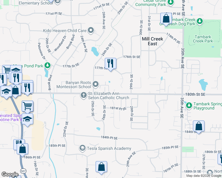 map of restaurants, bars, coffee shops, grocery stores, and more near 17923 27th Avenue Southeast in Bothell