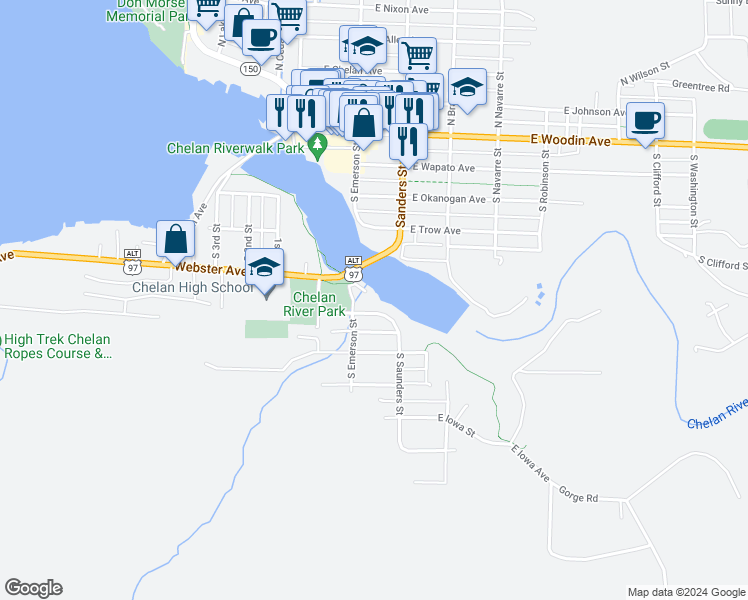 map of restaurants, bars, coffee shops, grocery stores, and more near 506 South Emerson Street in Chelan