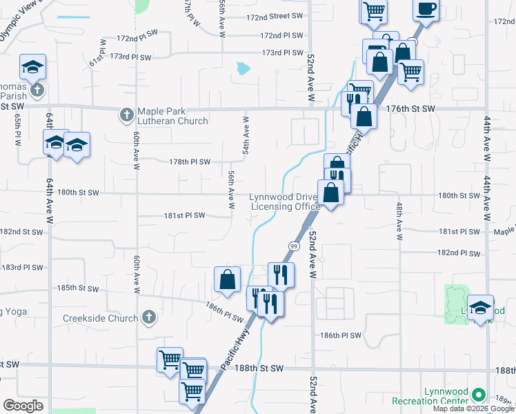 map of restaurants, bars, coffee shops, grocery stores, and more near 18105 54th Place West in Lynnwood