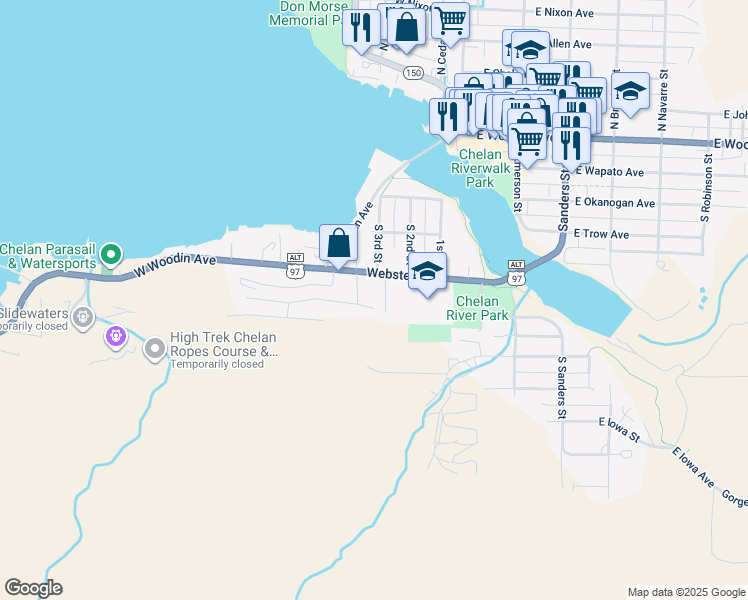 map of restaurants, bars, coffee shops, grocery stores, and more near 109B Vineyard Lane in Chelan