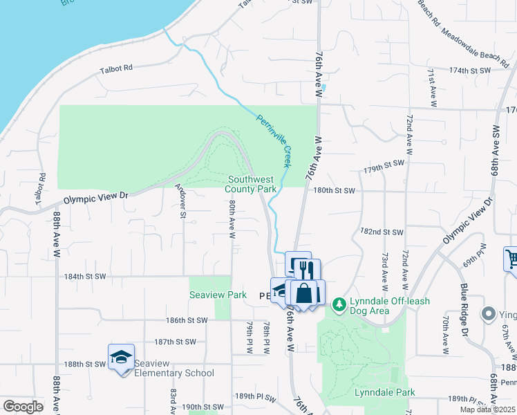 map of restaurants, bars, coffee shops, grocery stores, and more near 7804 Olympic View Drive in Edmonds