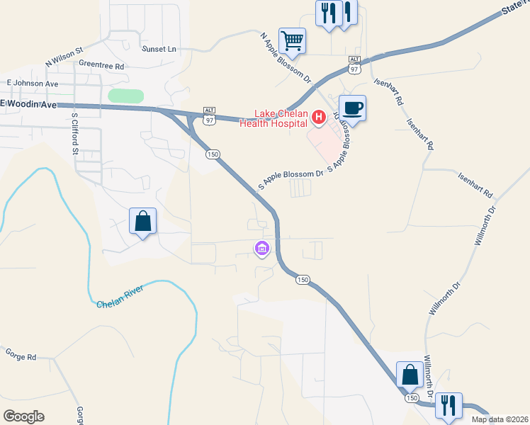 map of restaurants, bars, coffee shops, grocery stores, and more near 44 Washington 150 in Chelan