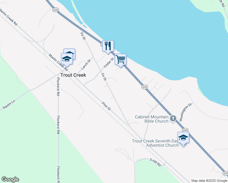 map of restaurants, bars, coffee shops, grocery stores, and more near 29 Fir Street in Trout Creek