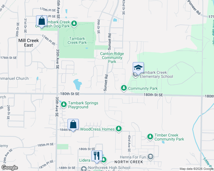 map of restaurants, bars, coffee shops, grocery stores, and more near 17923 Sunset Road in Bothell