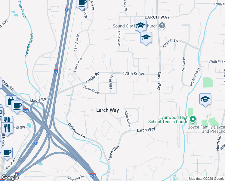 map of restaurants, bars, coffee shops, grocery stores, and more near 18003 14th Place West in Lynnwood