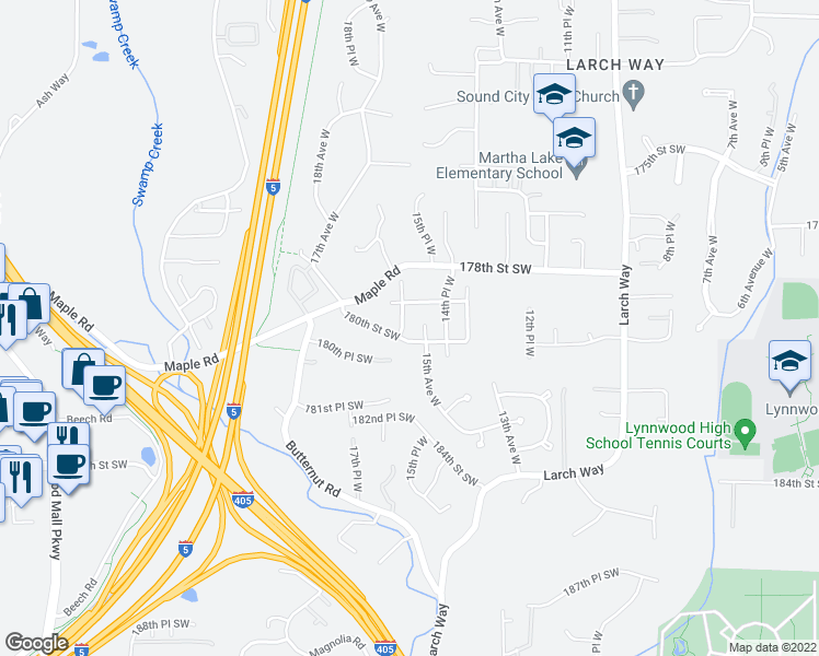 map of restaurants, bars, coffee shops, grocery stores, and more near 17923 16th Avenue West in Lynnwood