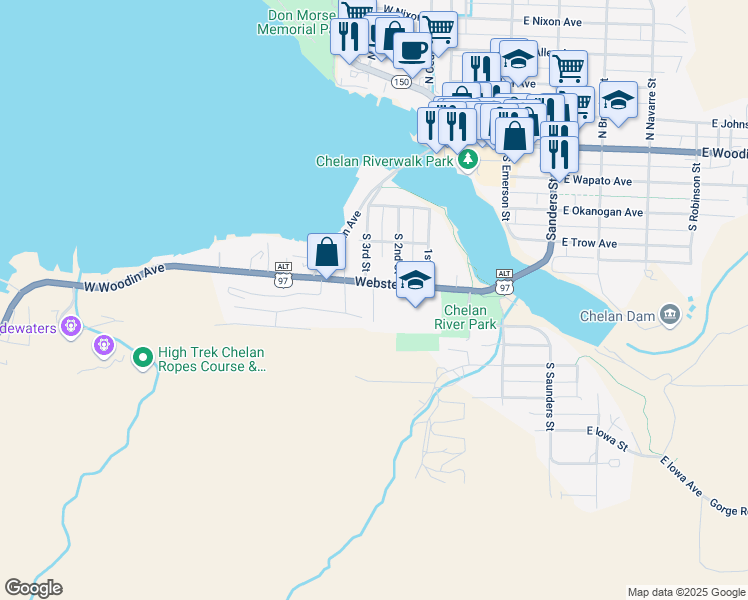 map of restaurants, bars, coffee shops, grocery stores, and more near 113 Vineyard Lane in Chelan