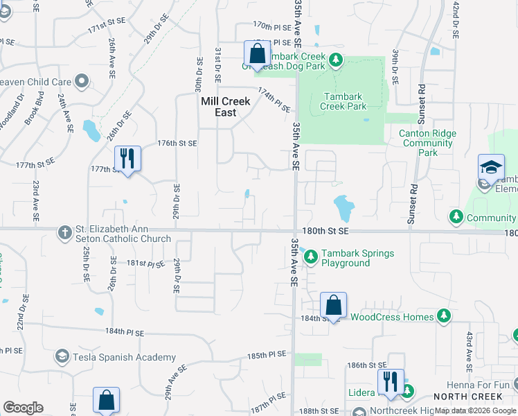map of restaurants, bars, coffee shops, grocery stores, and more near 3232 179th Place Southeast in Bothell