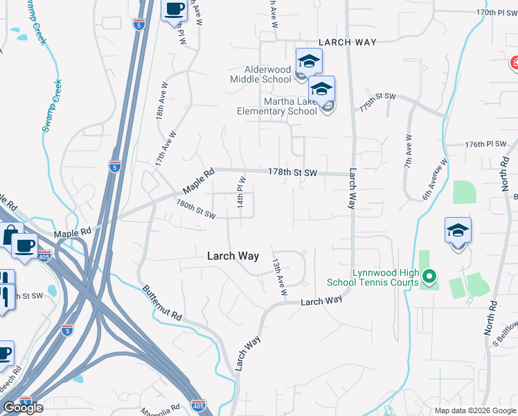 map of restaurants, bars, coffee shops, grocery stores, and more near 1402 180th Street Southwest in Lynnwood