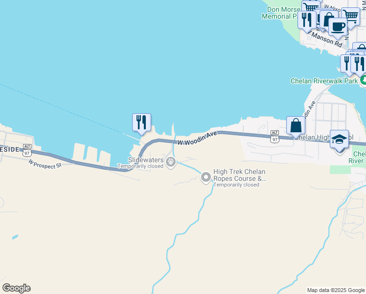 map of restaurants, bars, coffee shops, grocery stores, and more near 1217 West Woodin Avenue in Chelan