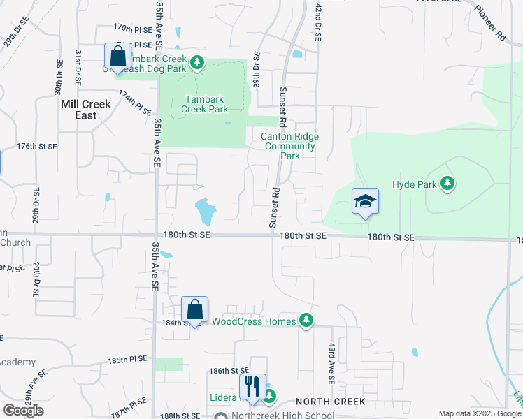 map of restaurants, bars, coffee shops, grocery stores, and more near 17914 Sunset Road in Bothell