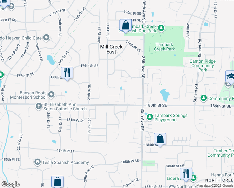 map of restaurants, bars, coffee shops, grocery stores, and more near 3201 179th Place Southeast in Mill Creek