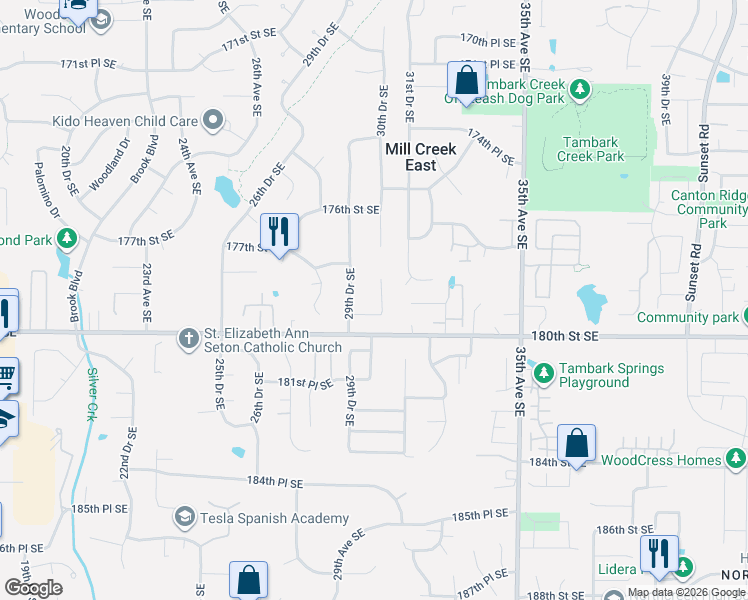 map of restaurants, bars, coffee shops, grocery stores, and more near 17917 30th Drive Southeast in Bothell
