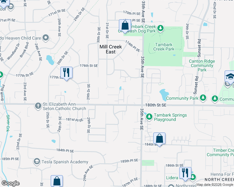 map of restaurants, bars, coffee shops, grocery stores, and more near 3232 179th Place Southeast in Bothell