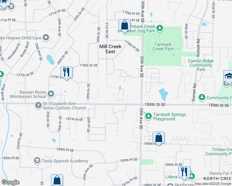 map of restaurants, bars, coffee shops, grocery stores, and more near 3201 179th Place Southeast in Mill Creek