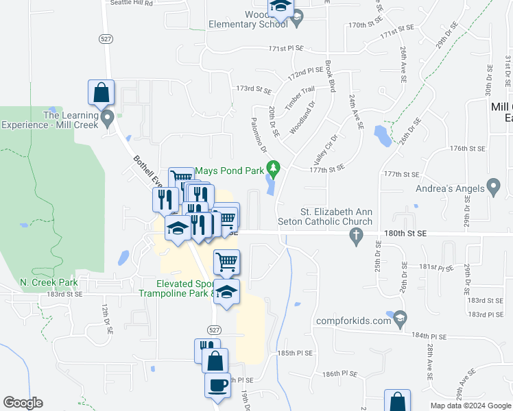 map of restaurants, bars, coffee shops, grocery stores, and more near 17723 20th Avenue Southeast in Bothell