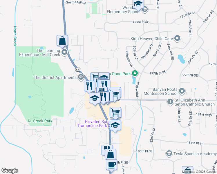 map of restaurants, bars, coffee shops, grocery stores, and more near 17907 Bothell Everett Highway in Bothell