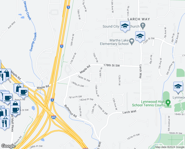 map of restaurants, bars, coffee shops, grocery stores, and more near 17903 16th Avenue West in Lynnwood