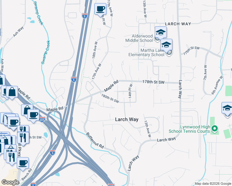 map of restaurants, bars, coffee shops, grocery stores, and more near 17902 16th Avenue West in Lynnwood