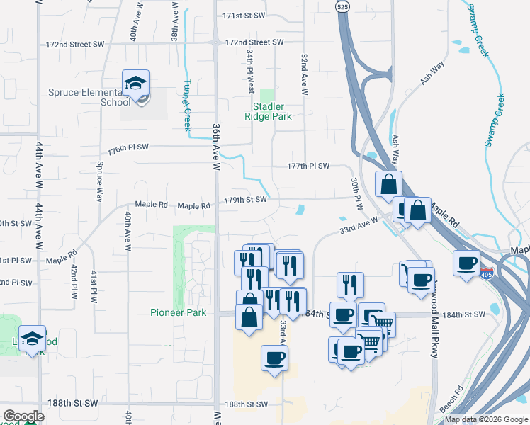 map of restaurants, bars, coffee shops, grocery stores, and more near 17906 33rd Place West in Lynnwood