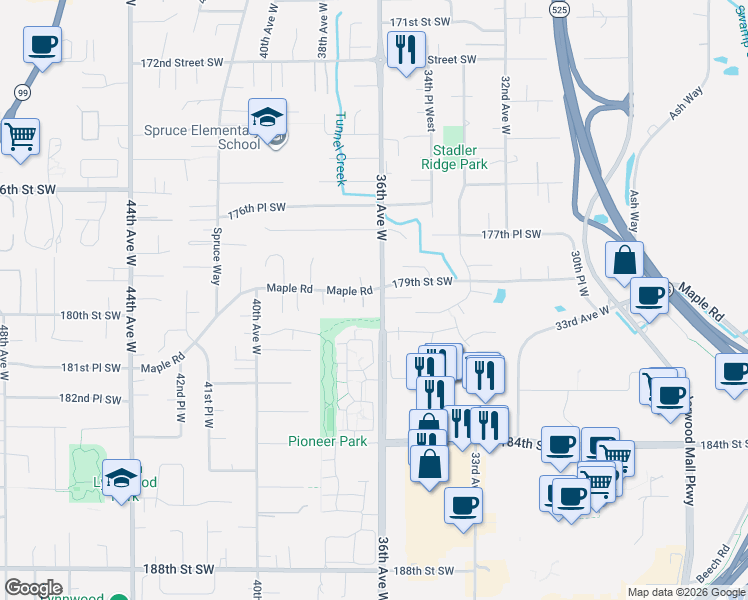 map of restaurants, bars, coffee shops, grocery stores, and more near 3522 178th Place Southwest in Lynnwood