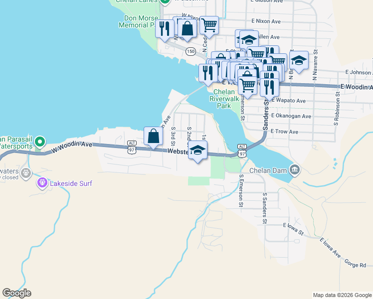 map of restaurants, bars, coffee shops, grocery stores, and more near 415 South 3rd Street in Chelan