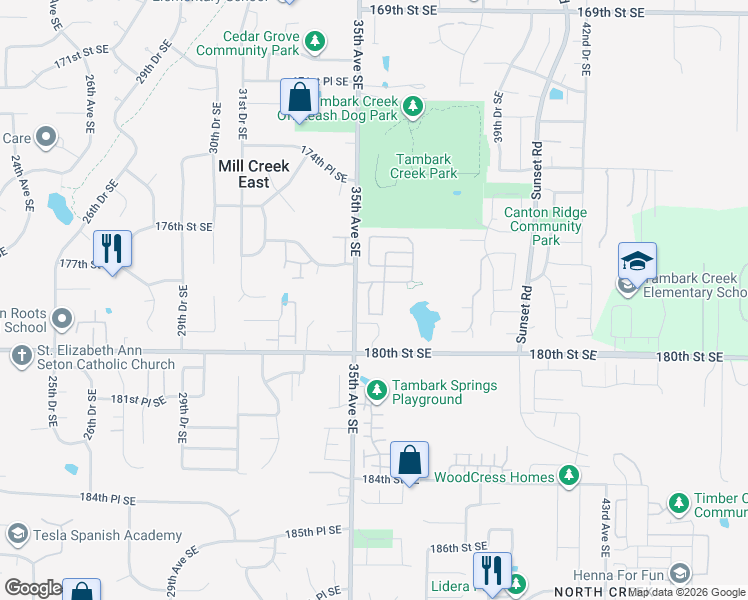 map of restaurants, bars, coffee shops, grocery stores, and more near 17813 35th Drive Southeast in Bothell