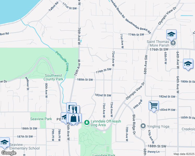 map of restaurants, bars, coffee shops, grocery stores, and more near 17916 73rd Avenue West in Edmonds