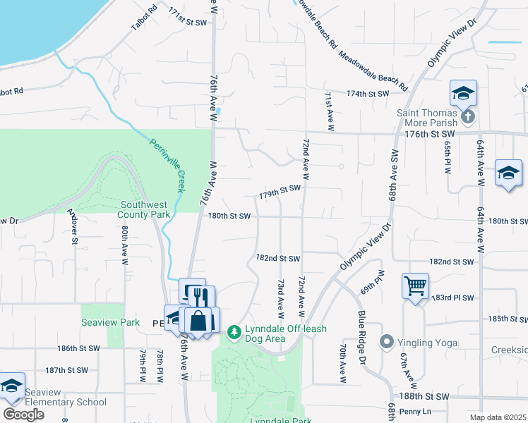 map of restaurants, bars, coffee shops, grocery stores, and more near 17916 73rd Avenue West in Edmonds