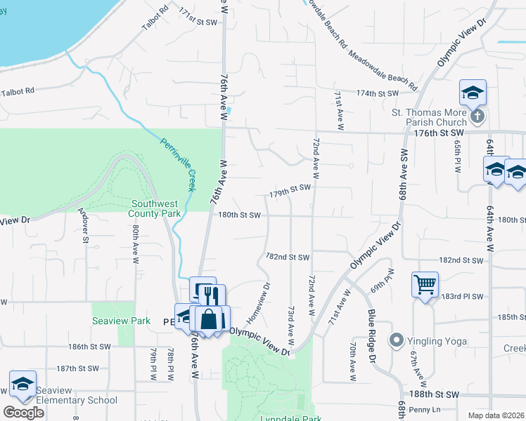 map of restaurants, bars, coffee shops, grocery stores, and more near 7416 179th Street Southwest in Edmonds
