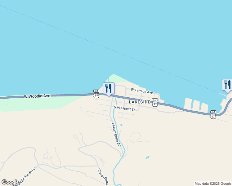 map of restaurants, bars, coffee shops, grocery stores, and more near 2312 West Woodin Avenue in Chelan