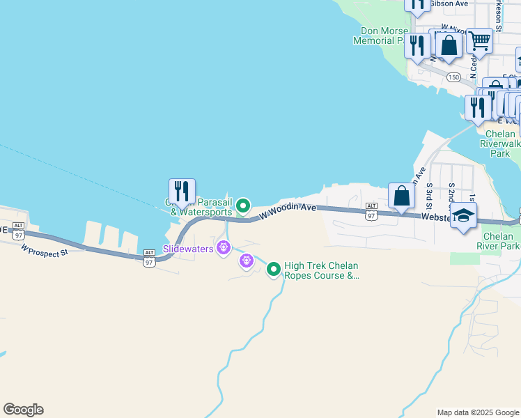 map of restaurants, bars, coffee shops, grocery stores, and more near 1210 West Woodin Avenue in Chelan