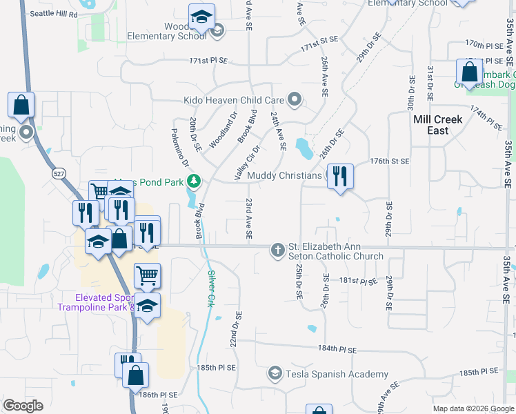map of restaurants, bars, coffee shops, grocery stores, and more near 17808 23rd Avenue Southeast in Bothell