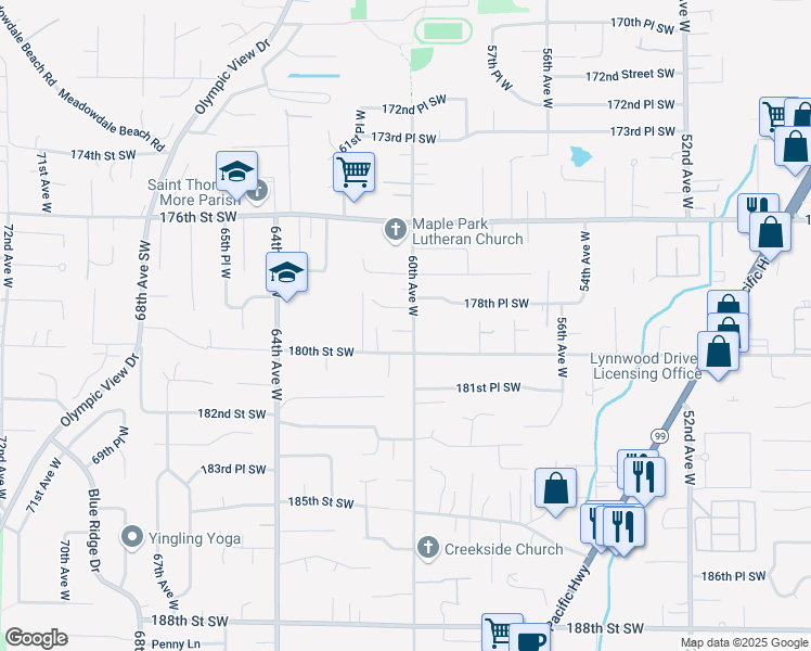 map of restaurants, bars, coffee shops, grocery stores, and more near 17906 60th Avenue West in Lynnwood