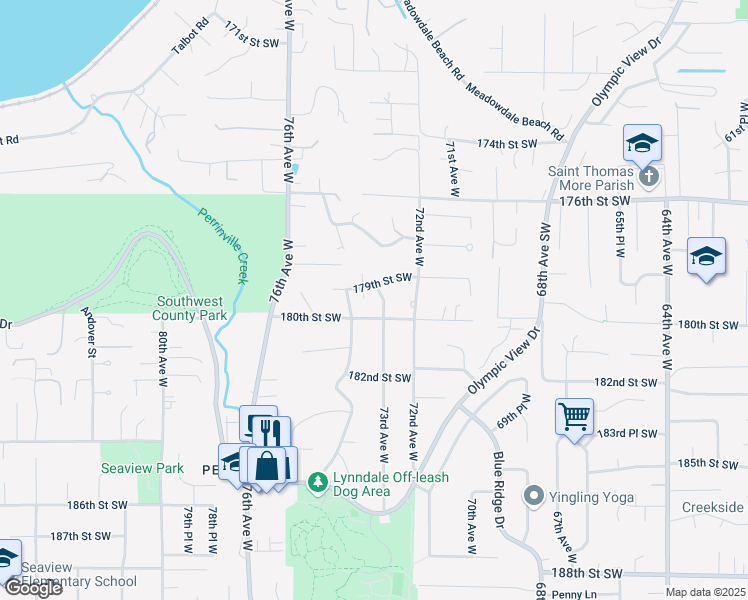 map of restaurants, bars, coffee shops, grocery stores, and more near 17916 73rd Avenue West in Edmonds