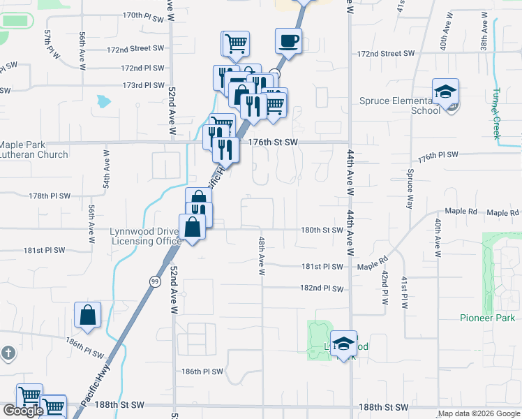map of restaurants, bars, coffee shops, grocery stores, and more near 4813 180th Street Southwest in Lynnwood