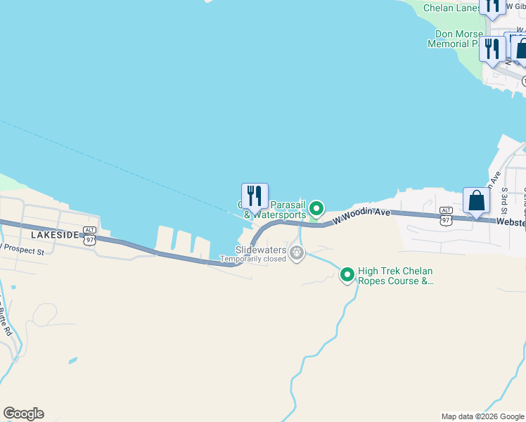 map of restaurants, bars, coffee shops, grocery stores, and more near 1350 West Woodin Avenue in Chelan