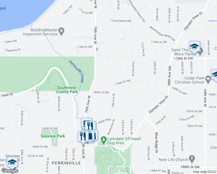 map of restaurants, bars, coffee shops, grocery stores, and more near 7416 179th Street Southwest in Edmonds