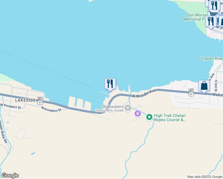 map of restaurants, bars, coffee shops, grocery stores, and more near 1350 West Woodin Avenue in Chelan