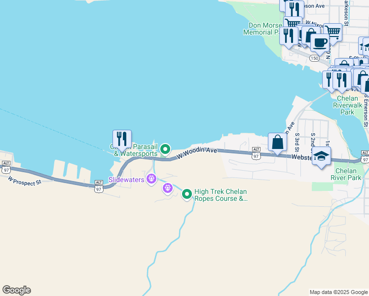 map of restaurants, bars, coffee shops, grocery stores, and more near 1210 West Woodin Avenue in Chelan
